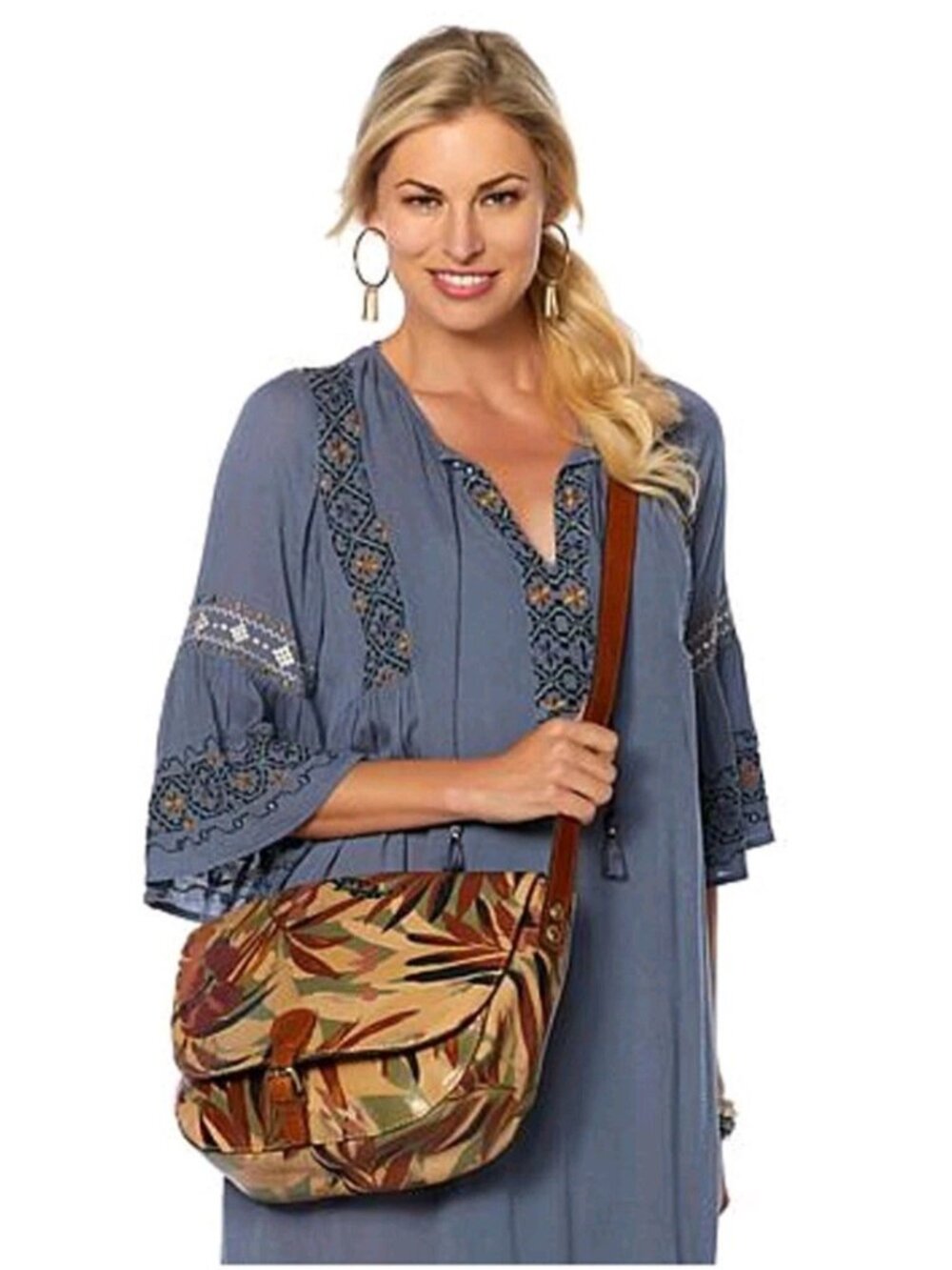 Patricia Nash Rosolini Leather Saddle Bag Satchel Crossbody~Tropical Leaf Print